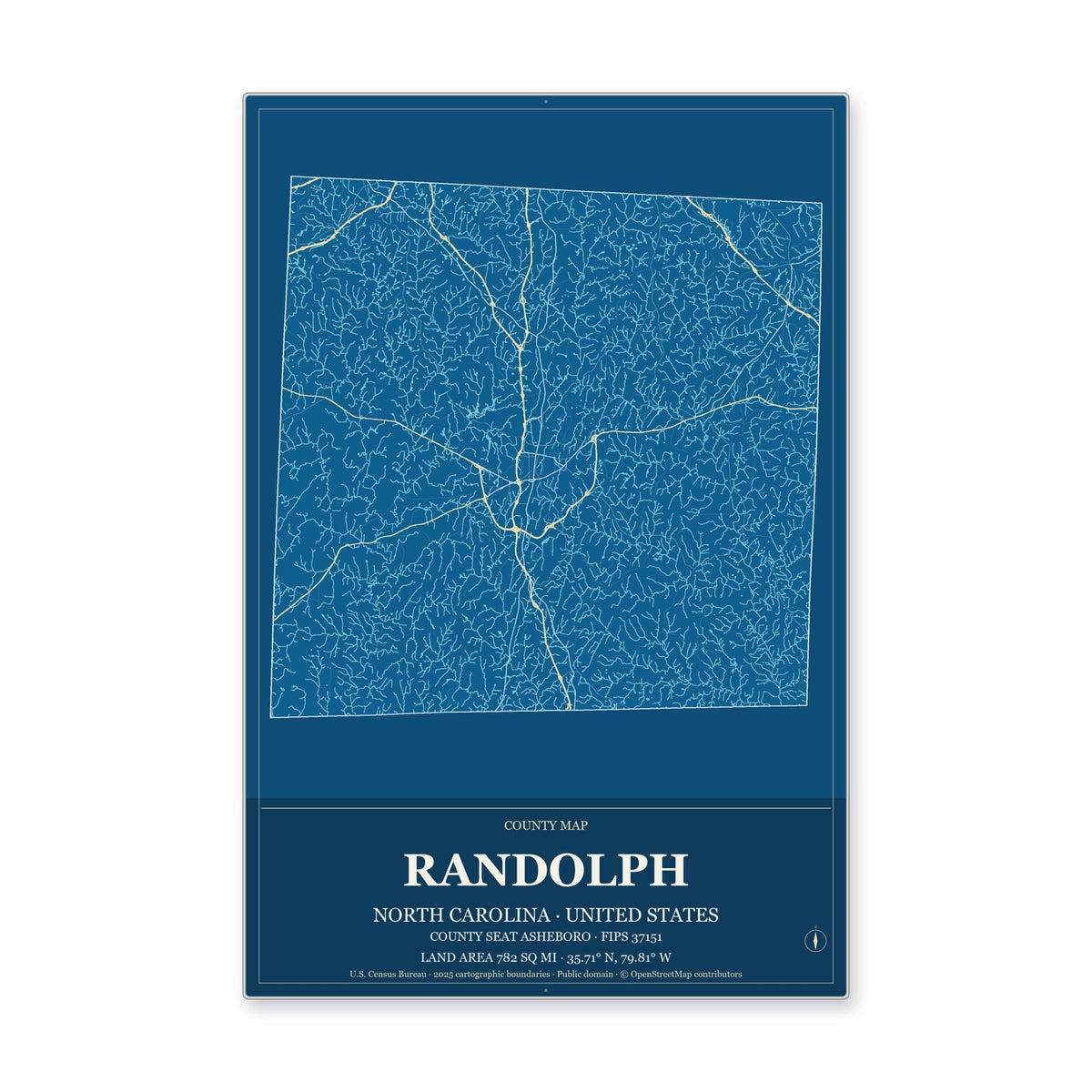 Randolph County, North Carolina Map Aluminum Sign in Harbor Cobalt style