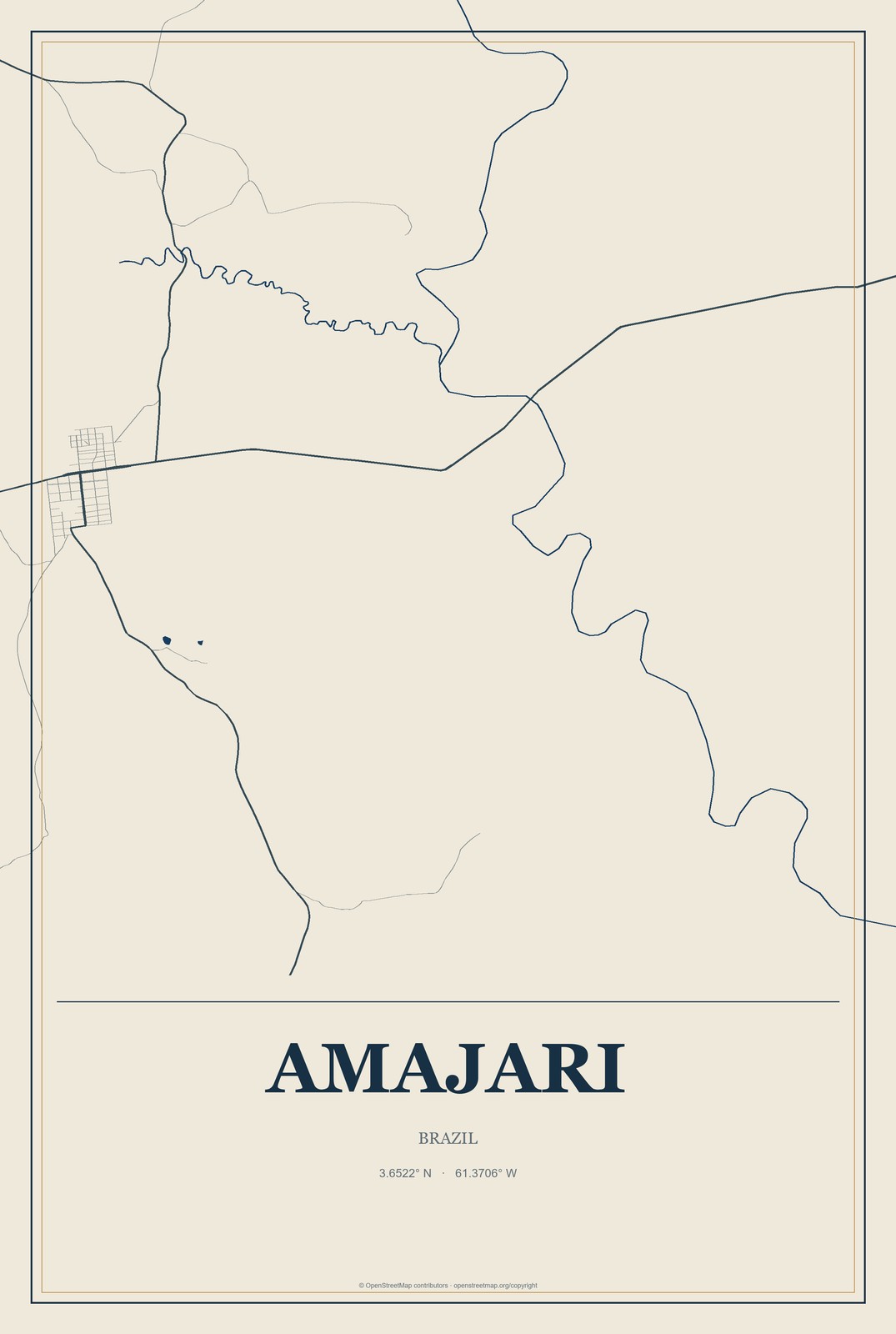 Amajari, Brazil City Map Aluminum Sign in Coastal Cutout style