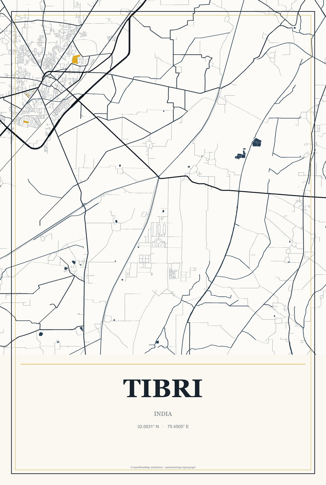 Tibri, India City Map Aluminum Sign in Citrine Modern style