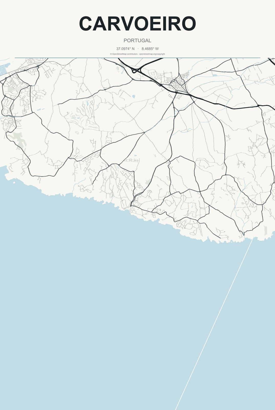 Carvoeiro, Portugal City Map Aluminum Sign in Headline Atlas style