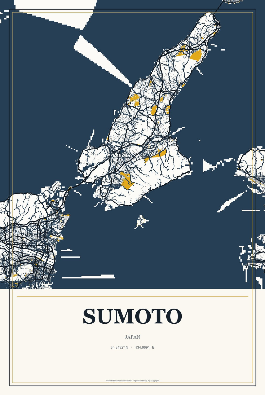 Sumoto, Japan City Map Aluminum Sign in Citrine Modern style