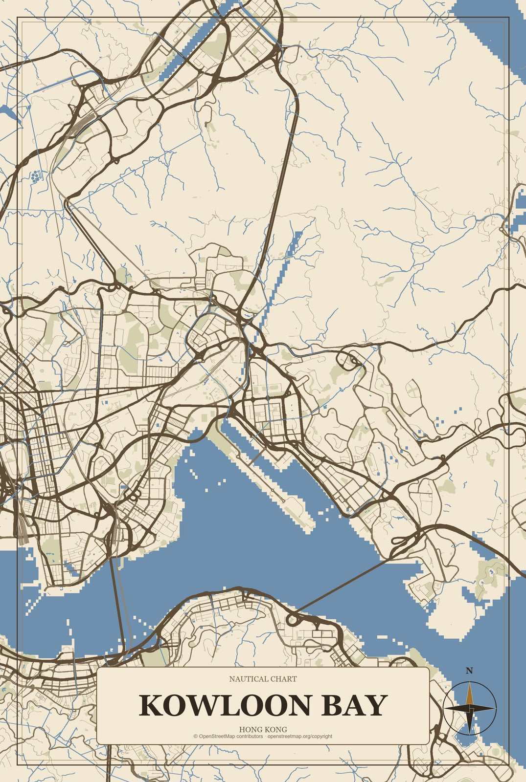 Kowloon Bay, Hong Kong City Map Aluminum Sign in Heritage Nautical style