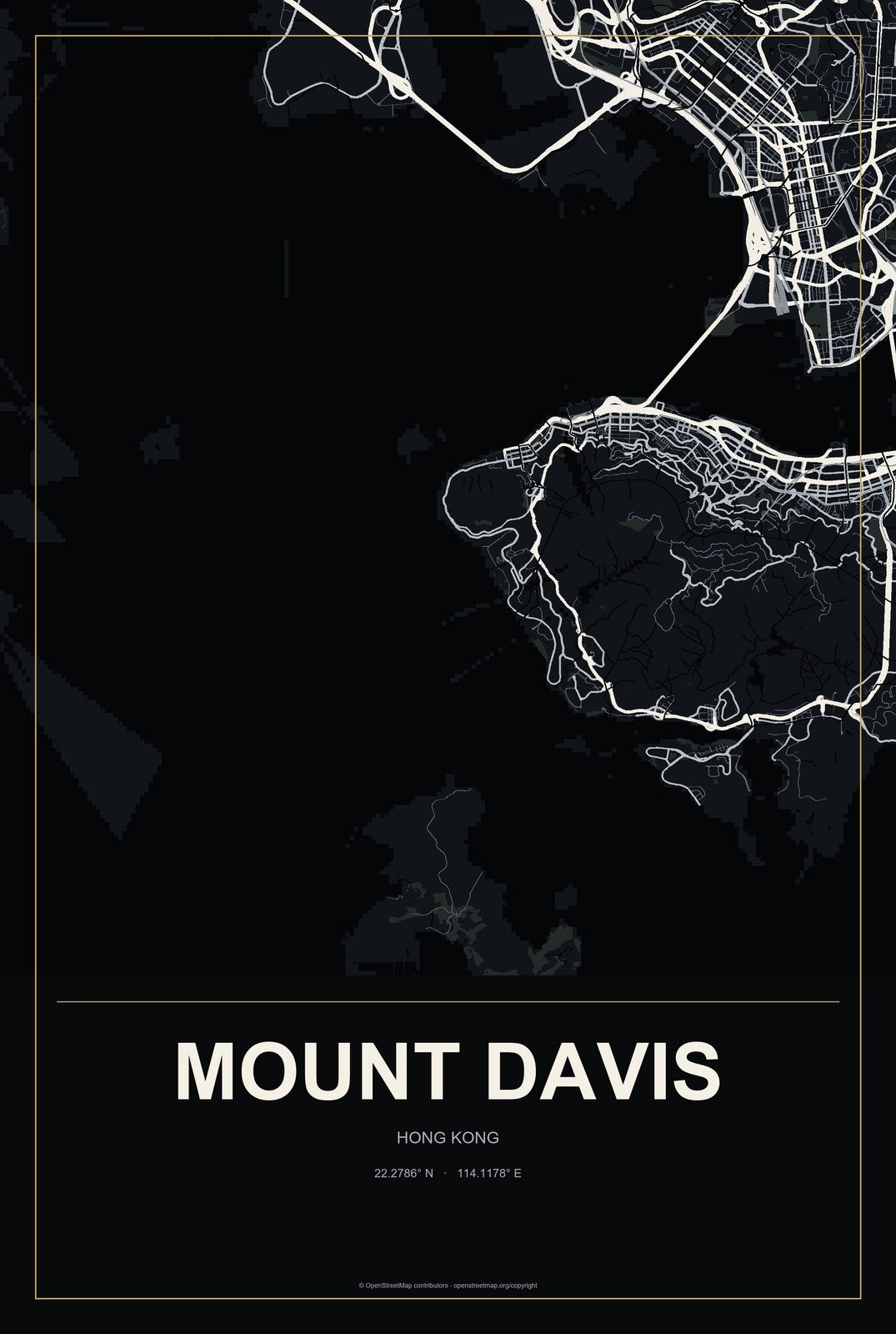 Mount Davis, Hong Kong City Map Aluminum Sign in Metropolitan Noir style