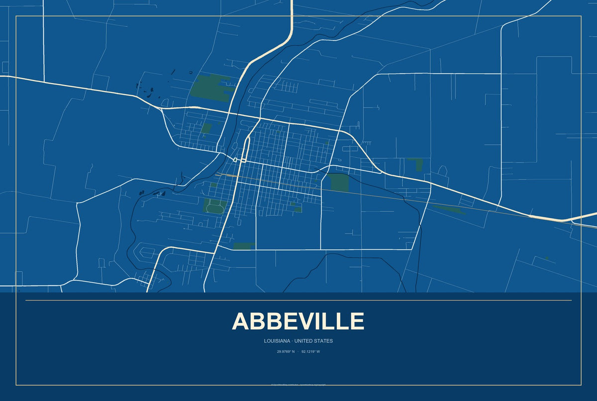 Abbeville, Louisiana City Map Aluminum Sign in Harbor Cobalt style