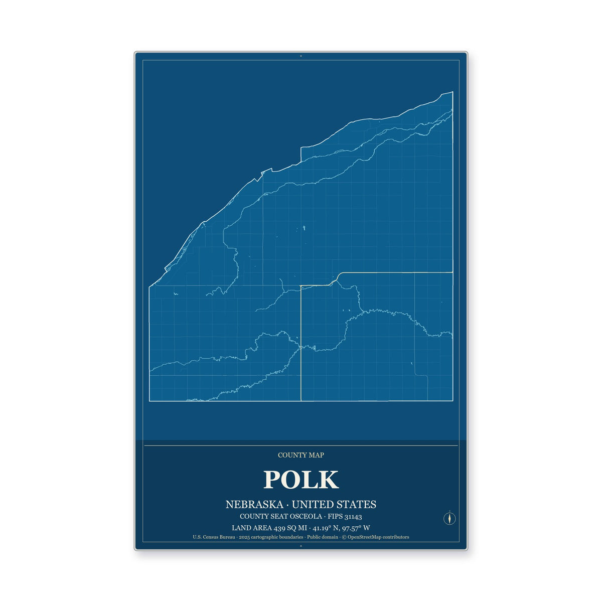 Polk County, Nebraska Map Aluminum Sign in Harbor Cobalt style