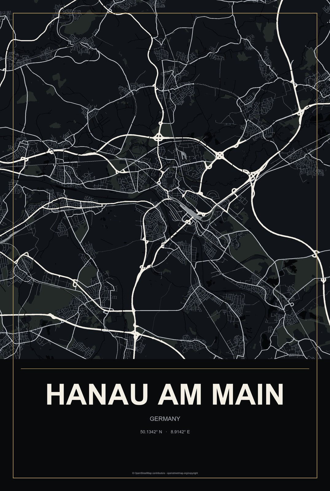 Hanau am Main, Germany City Map Aluminum Sign in Metropolitan Noir style