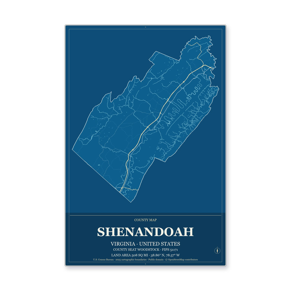 Shenandoah County, Virginia Map Aluminum Sign in Harbor Cobalt style