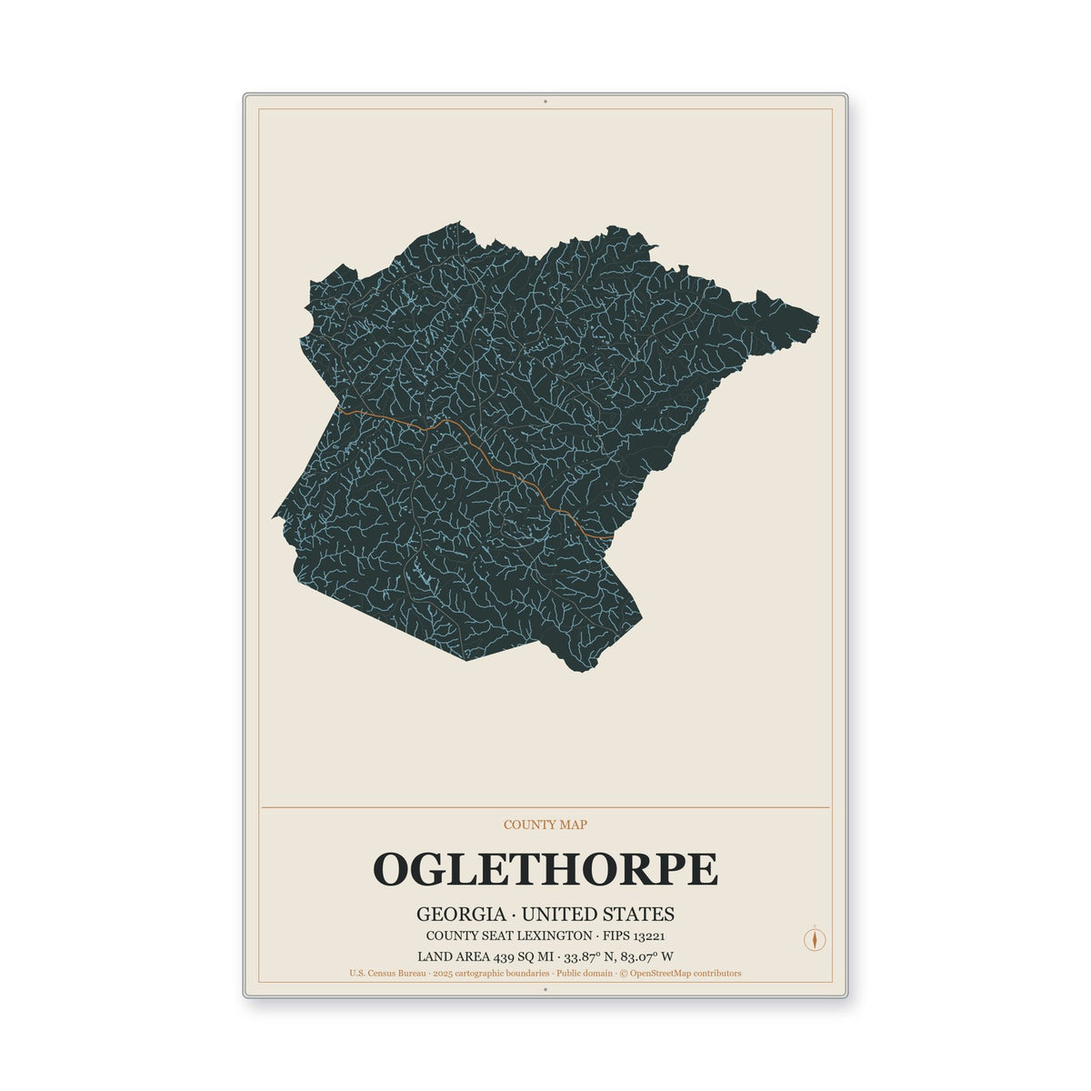 Oglethorpe County, Georgia Map Aluminum Sign in Headline Atlas style