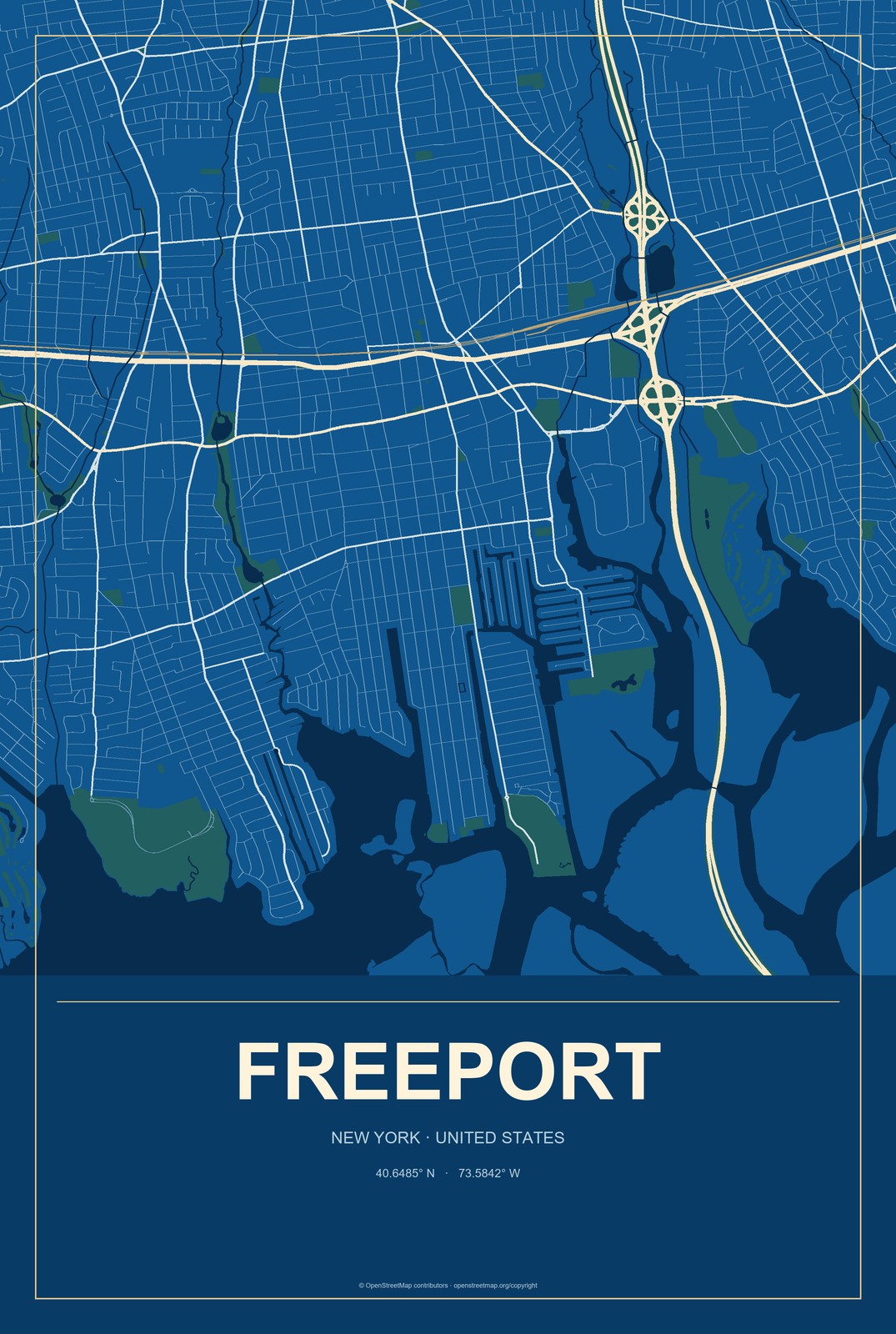 Freeport, New York City Map Aluminum Sign in Harbor Cobalt style
