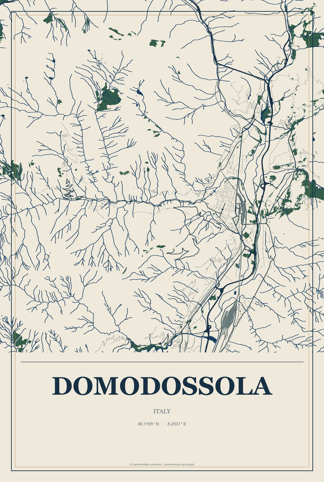Domodossola, Italy City Map Aluminum Sign in Coastal Cutout style