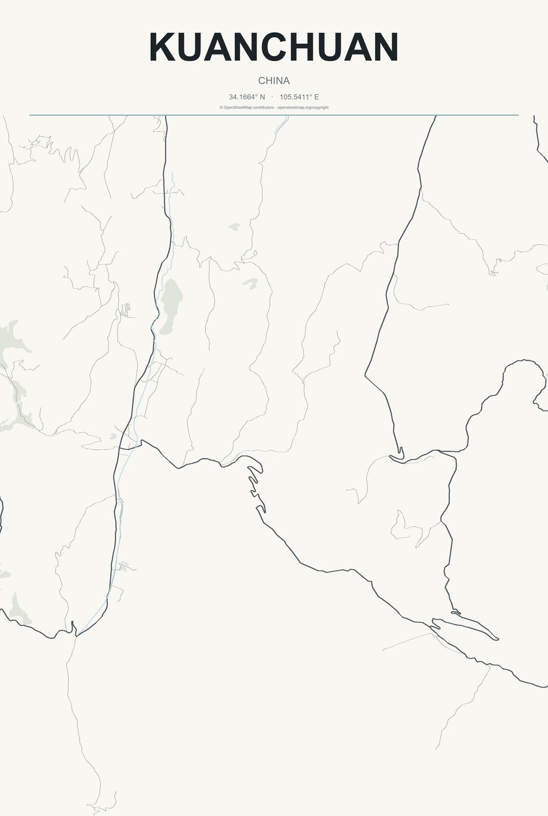 Kuanchuan, China City Map Aluminum Sign in Headline Atlas style