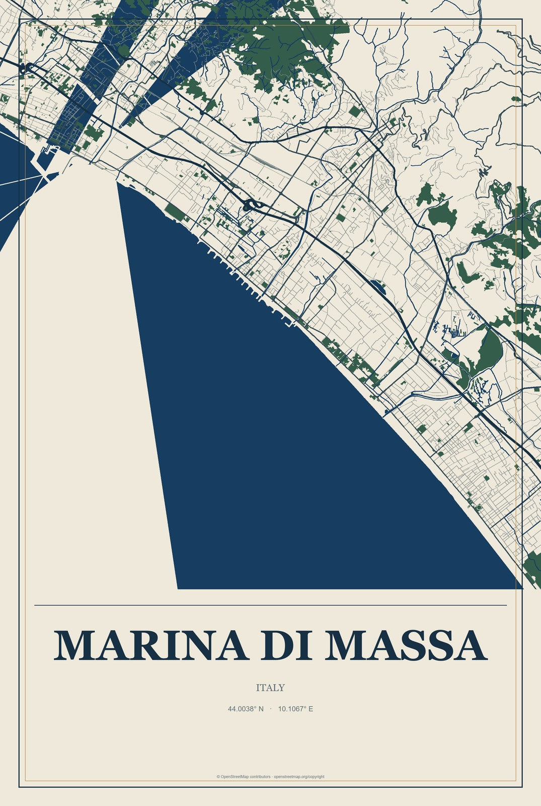 Marina di Massa, Italy City Map Aluminum Sign in Coastal Cutout style