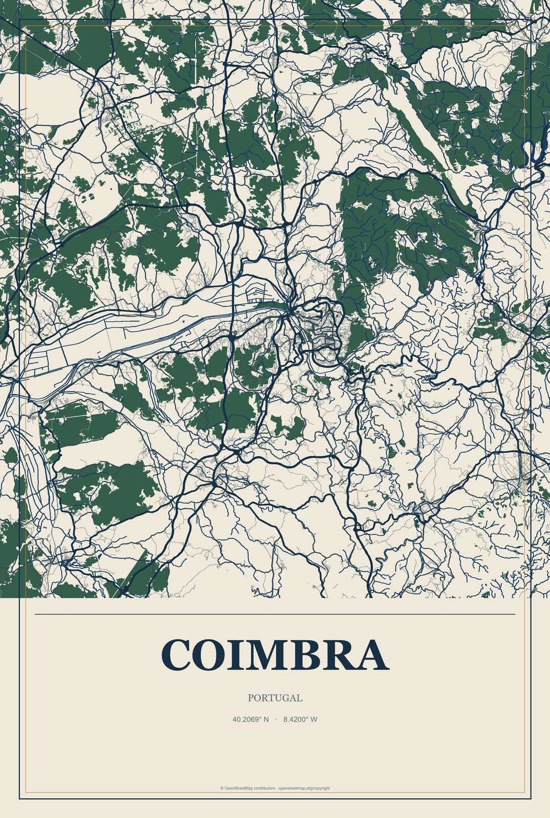Coimbra, Portugal City Map Aluminum Sign in Coastal Cutout style