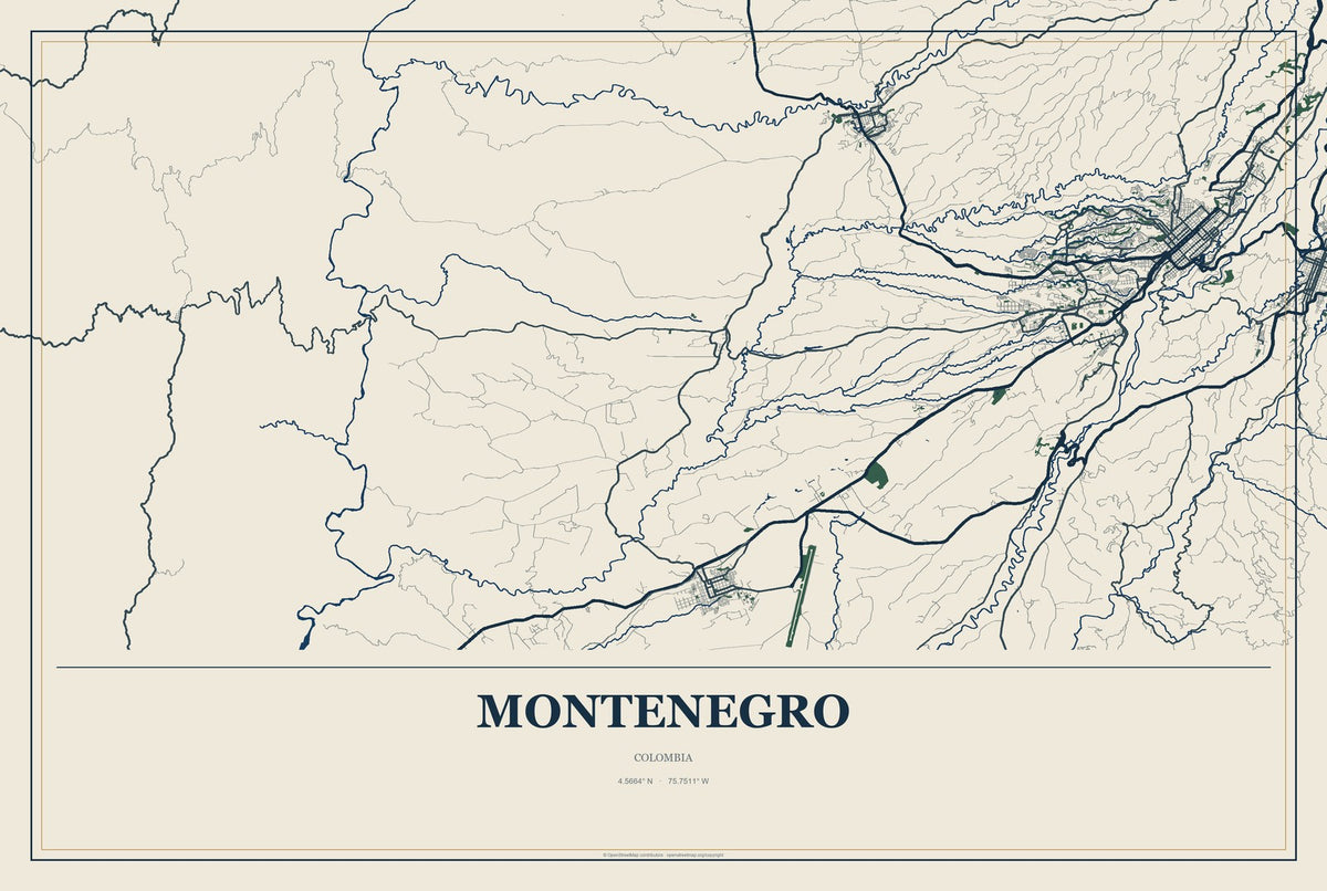 Montenegro, Colombia City Map Aluminum Sign in Coastal Cutout style