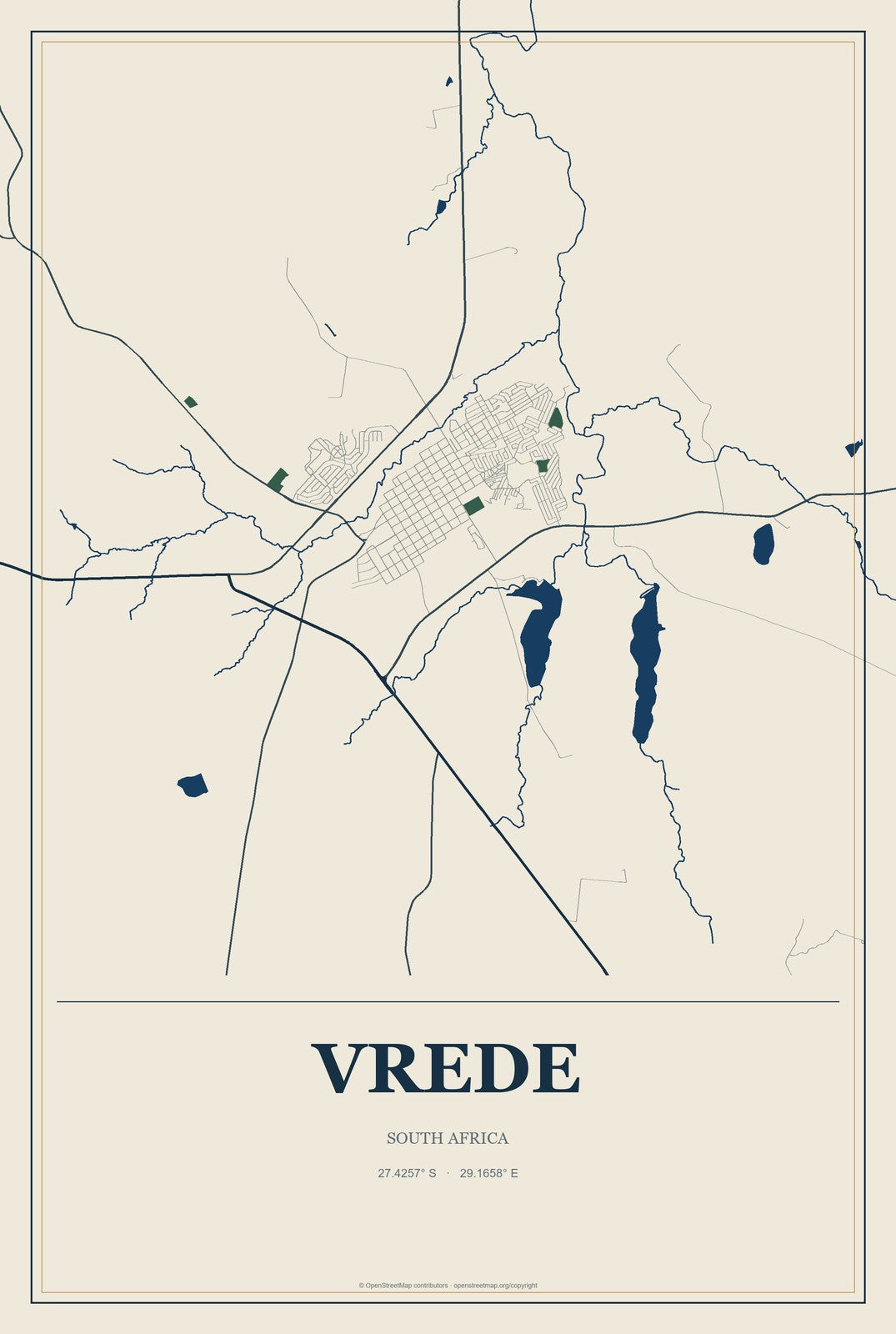 Vrede, South Africa City Map Aluminum Sign in Coastal Cutout style