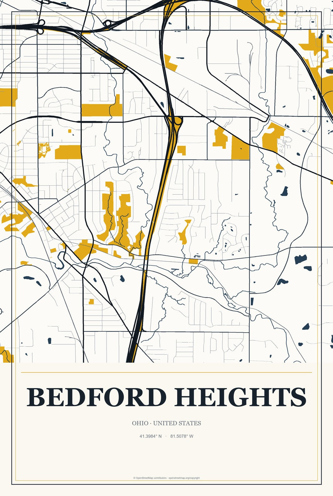 Bedford Heights, Ohio City Map Aluminum Sign in Citrine Modern style
