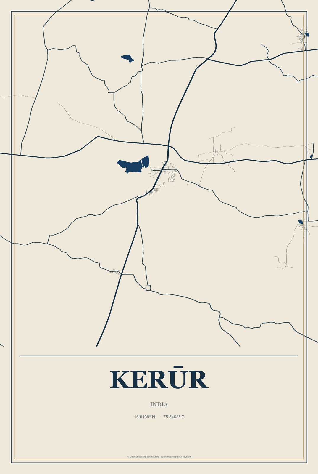 Kerūr, India City Map Aluminum Sign in Coastal Cutout style