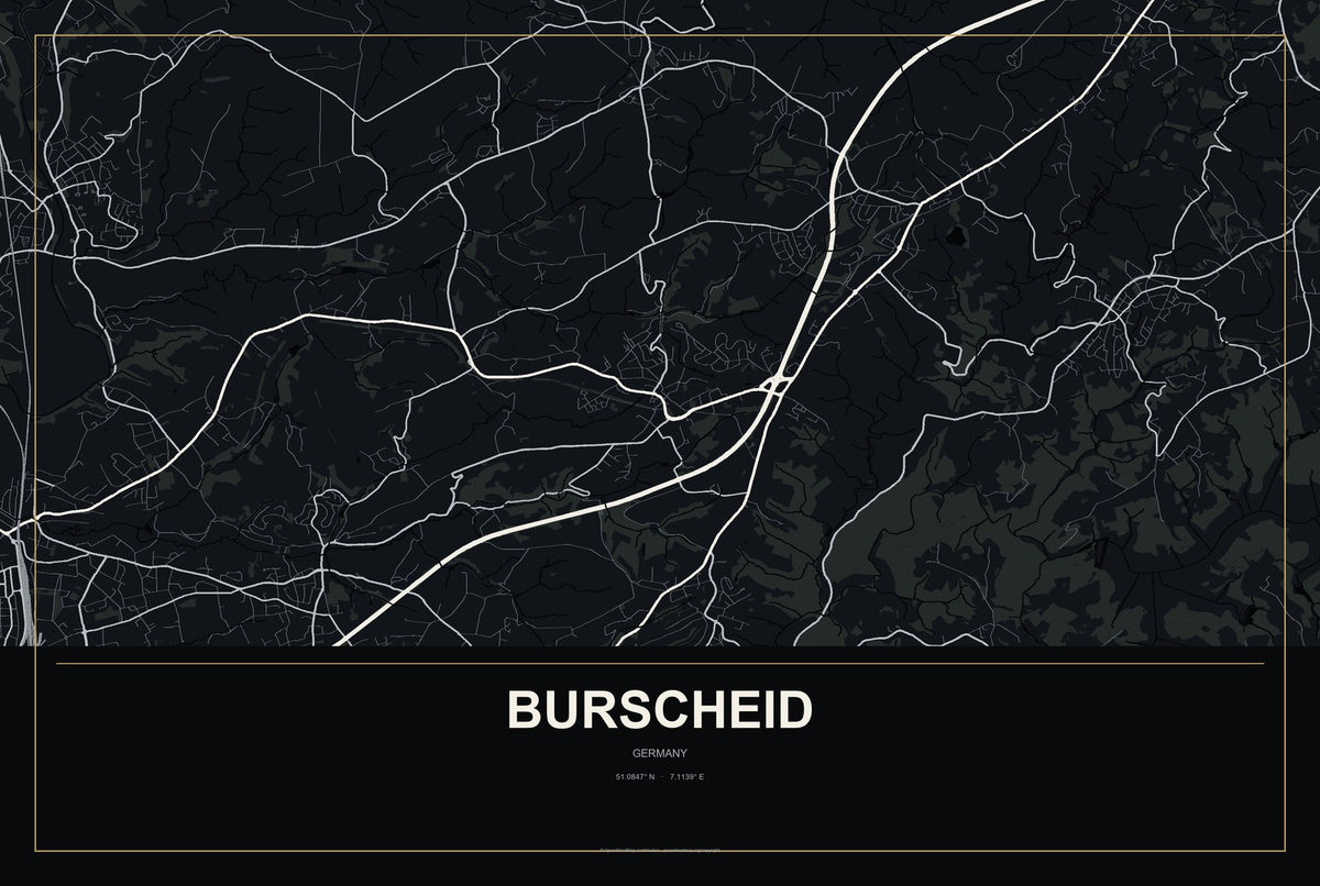 Burscheid, Germany City Map Aluminum Sign in Metropolitan Noir style