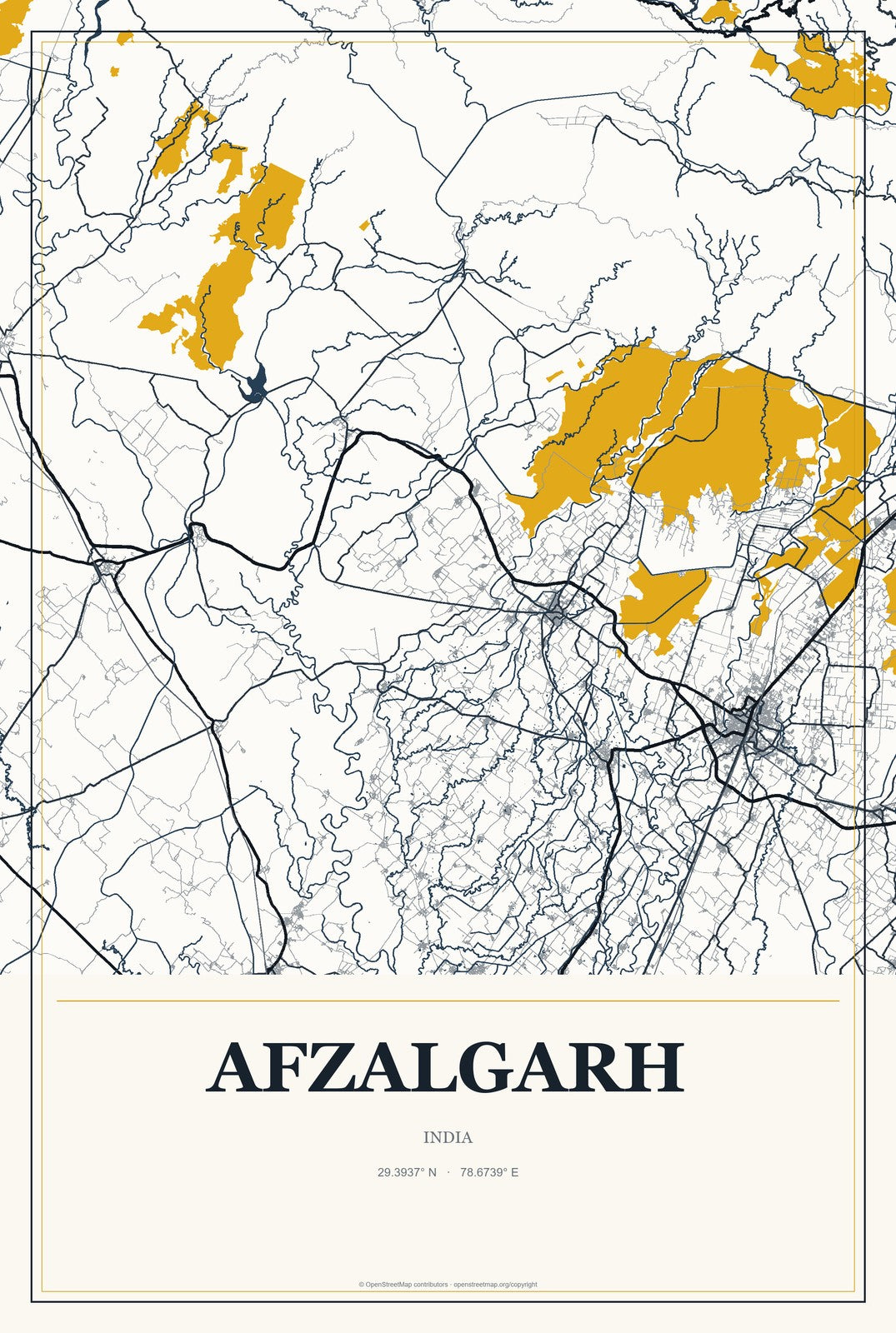 Afzalgarh, India City Map Aluminum Sign in Citrine Modern style