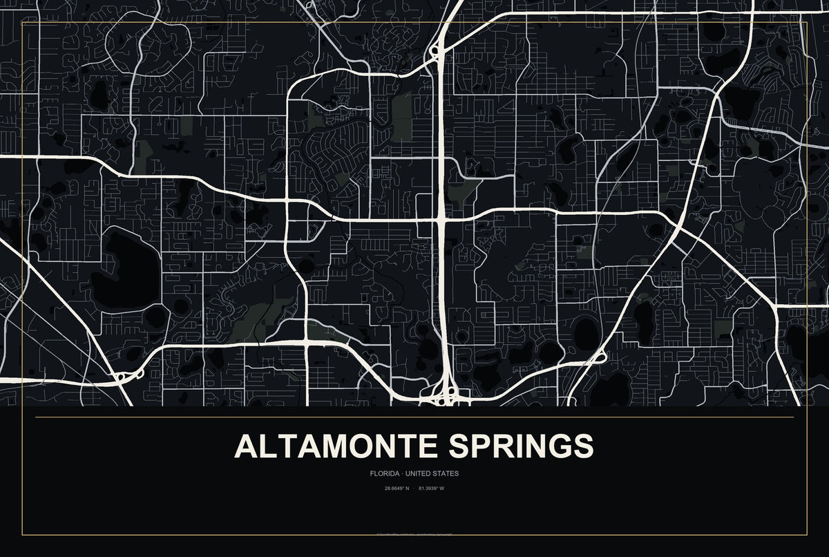 Altamonte Springs, Florida City Map Aluminum Sign in Metropolitan Noir style