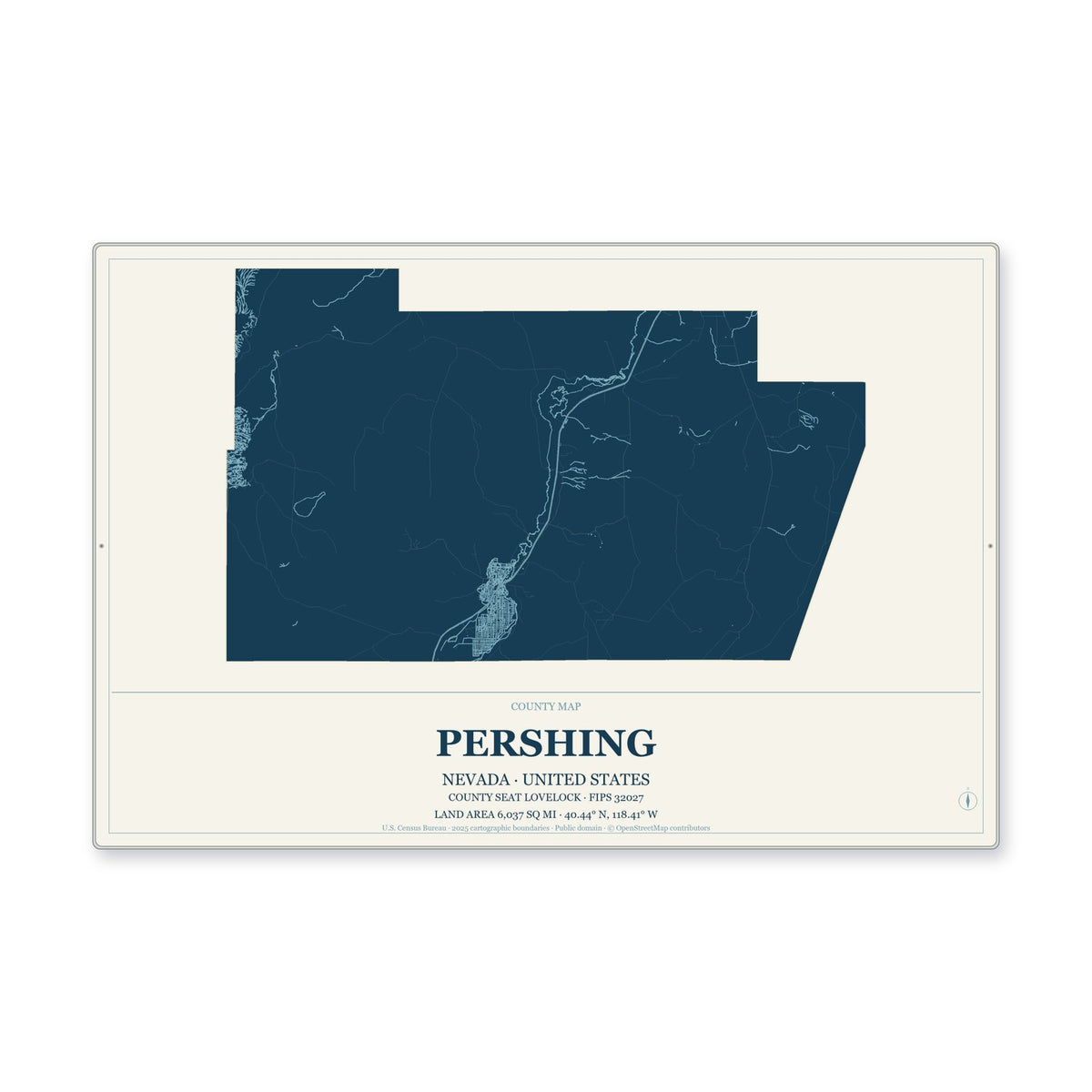 Pershing County, Nevada Map Aluminum Sign in Coastal Cutout style