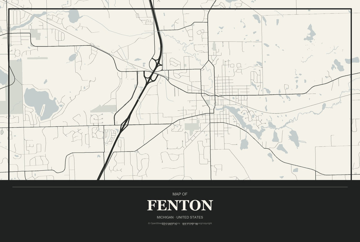 Fenton, Michigan City Map Aluminum Sign in Museum Plaque style