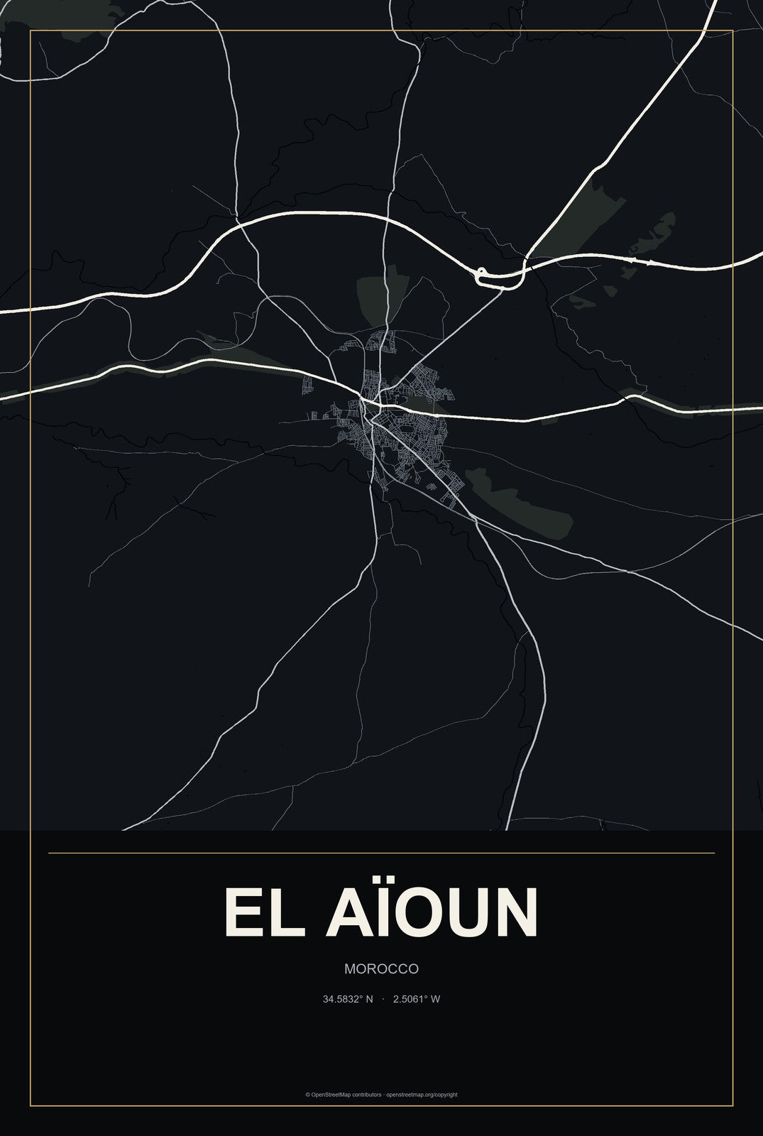 El Aïoun, Morocco City Map Aluminum Sign in Metropolitan Noir style