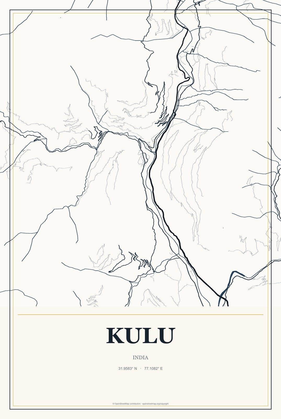 Kulu, India City Map Aluminum Sign in Citrine Modern style