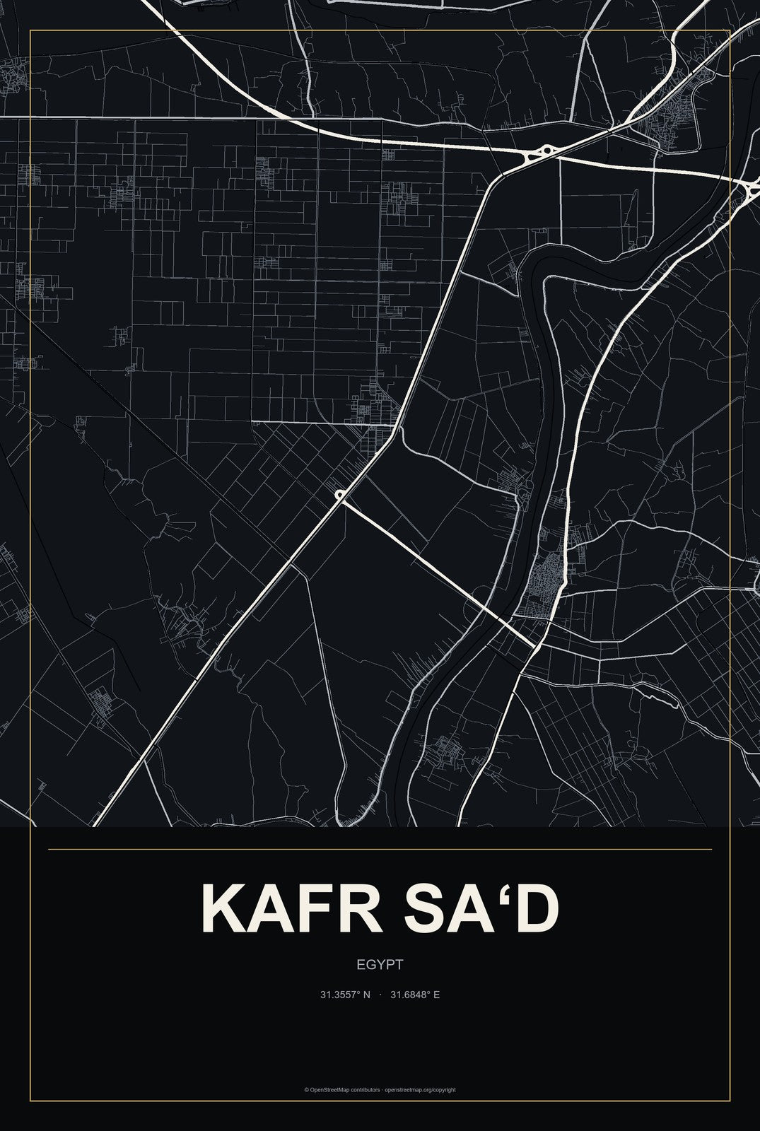 Kafr Sa‘d, Egypt City Map Aluminum Sign in Metropolitan Noir style