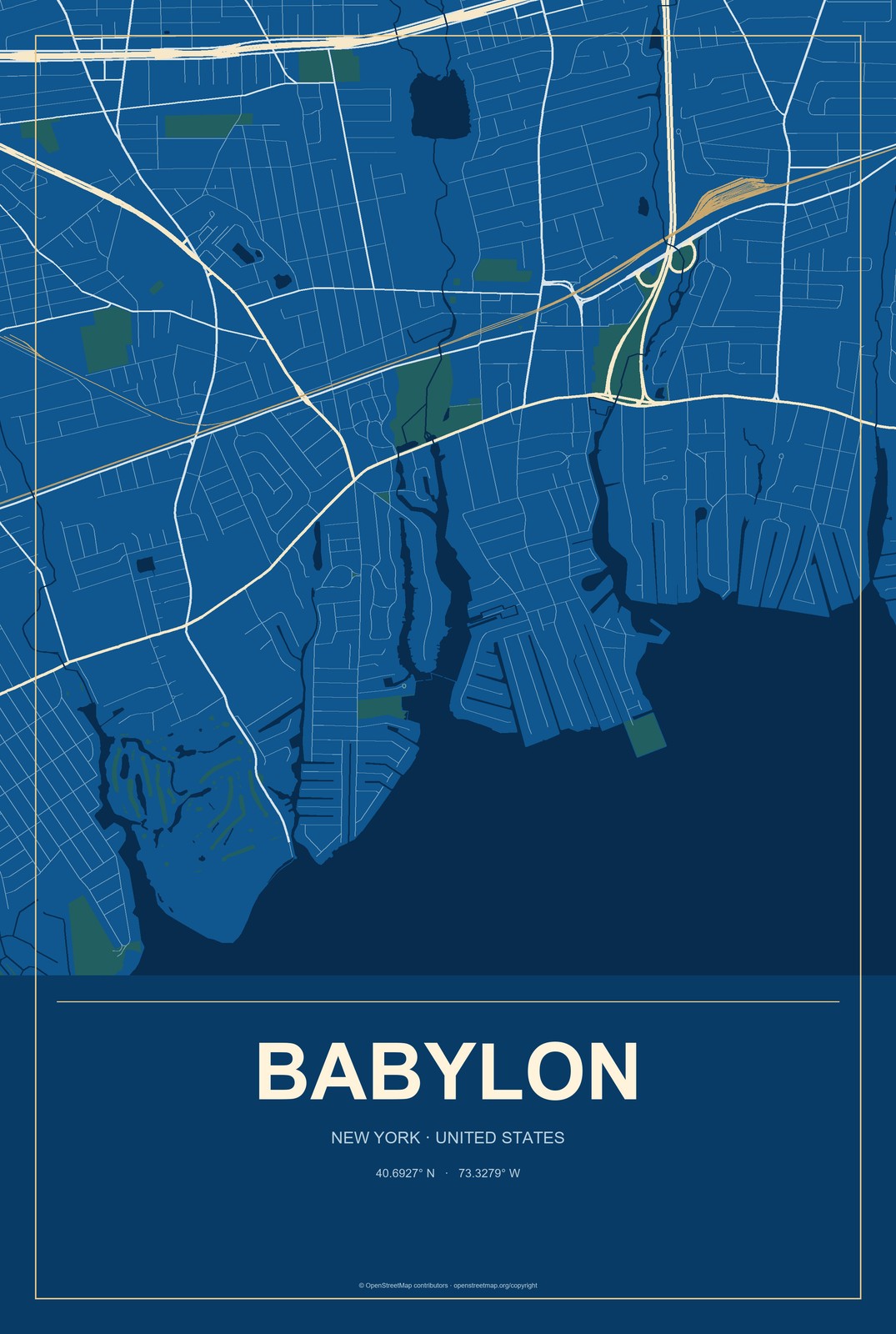Babylon, New York City Map Aluminum Sign in Harbor Cobalt style