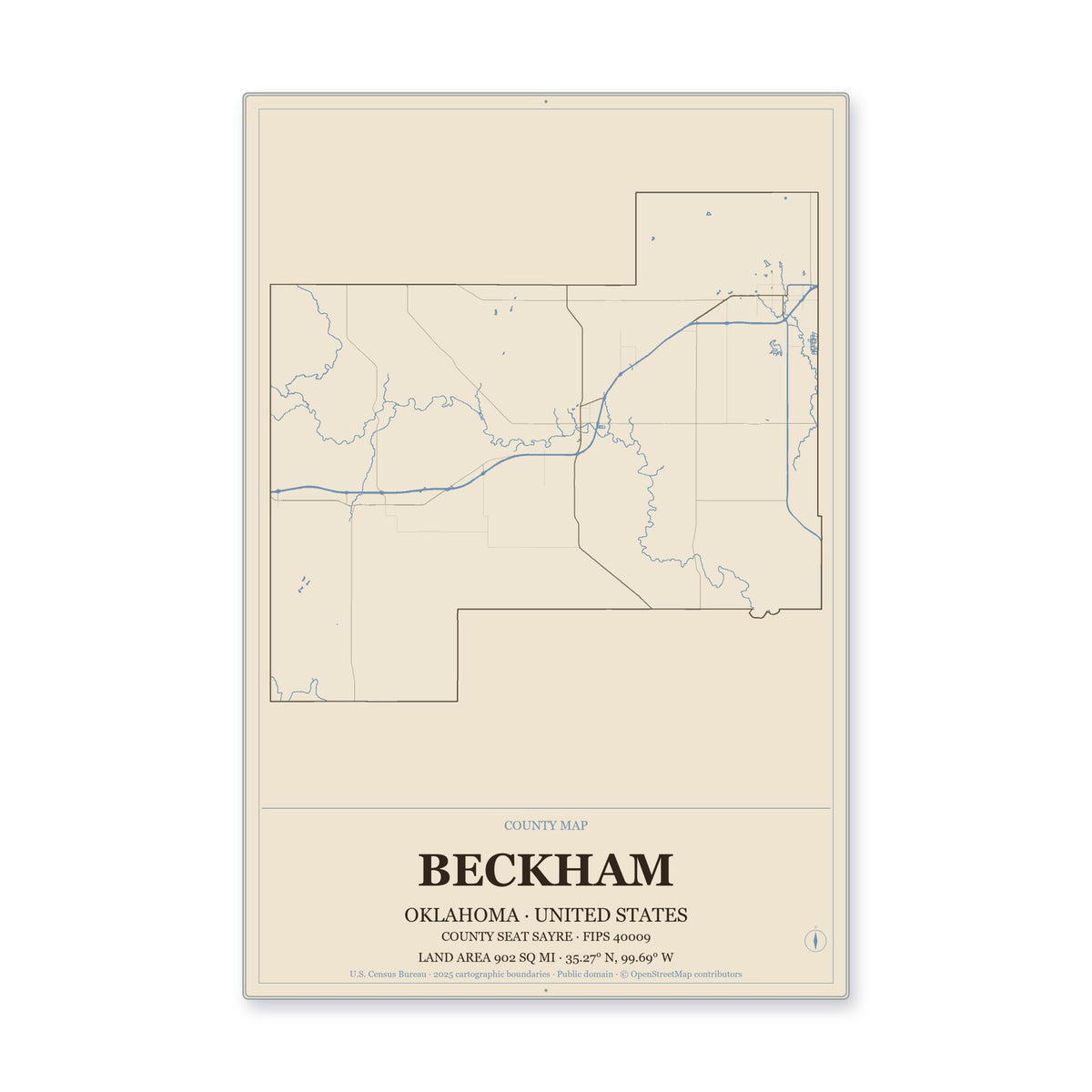Beckham County, Oklahoma Map Aluminum Sign in Heritage Nautical style