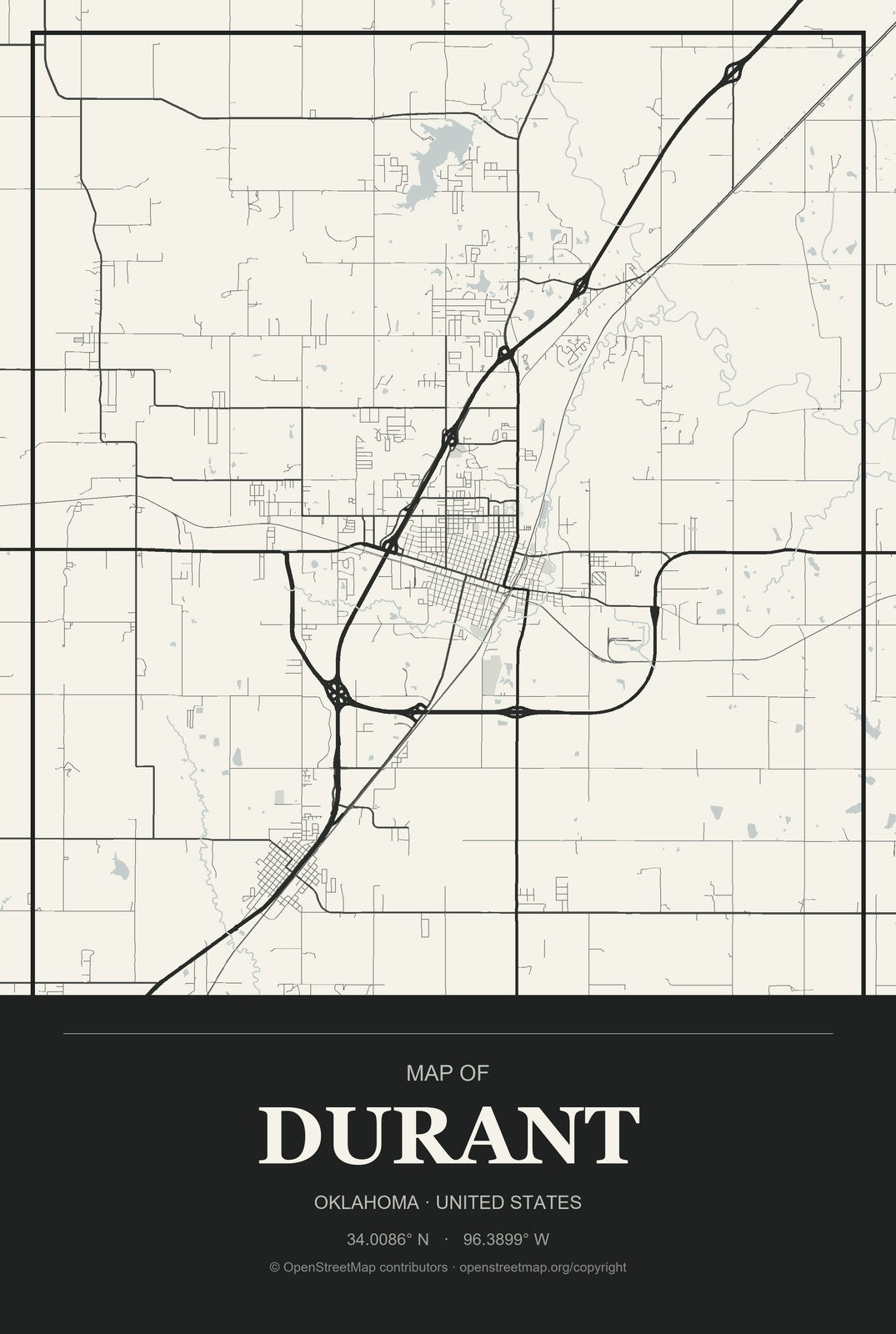 Durant, Oklahoma City Map Aluminum Sign in Museum Plaque style