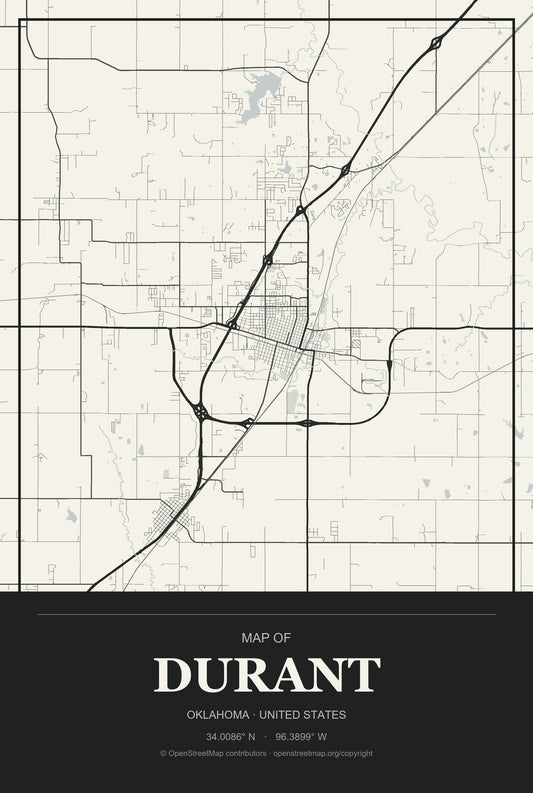 Durant, Oklahoma City Map Aluminum Sign in Museum Plaque style
