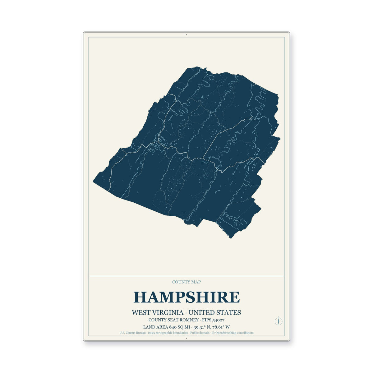 Hampshire County, West Virginia Map Aluminum Sign in Coastal Cutout style