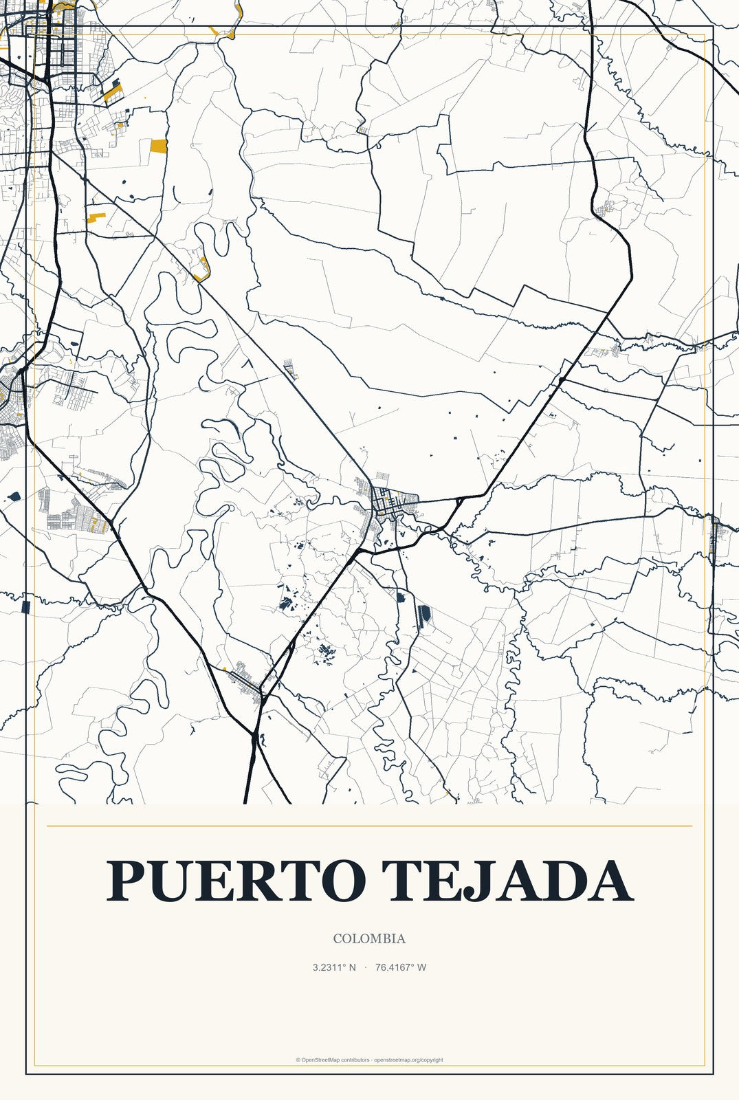 Puerto Tejada, Colombia City Map Aluminum Sign in Citrine Modern style