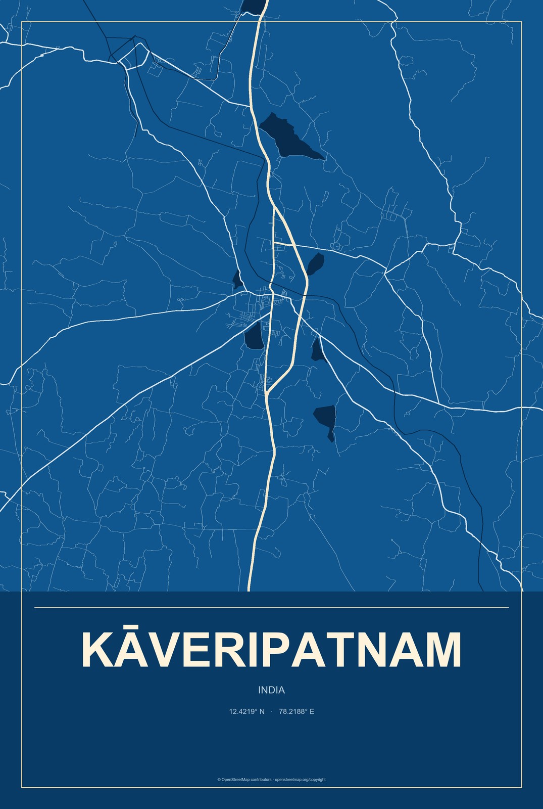 Kāveripatnam, India City Map Aluminum Sign in Harbor Cobalt style
