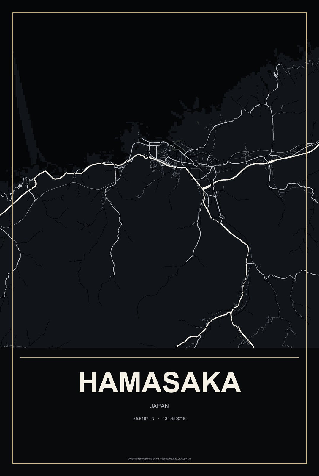 Hamasaka, Japan City Map Aluminum Sign in Metropolitan Noir style