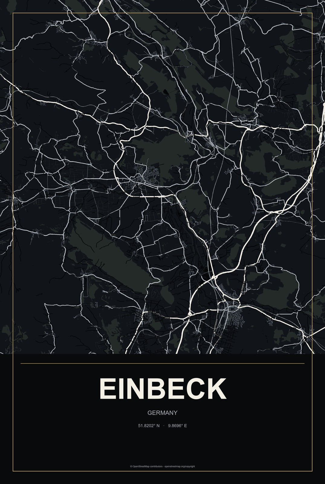 Einbeck, Germany City Map Aluminum Sign in Metropolitan Noir style