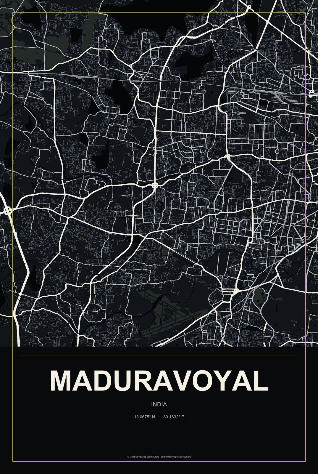Maduravoyal, India City Map Aluminum Sign in Metropolitan Noir style