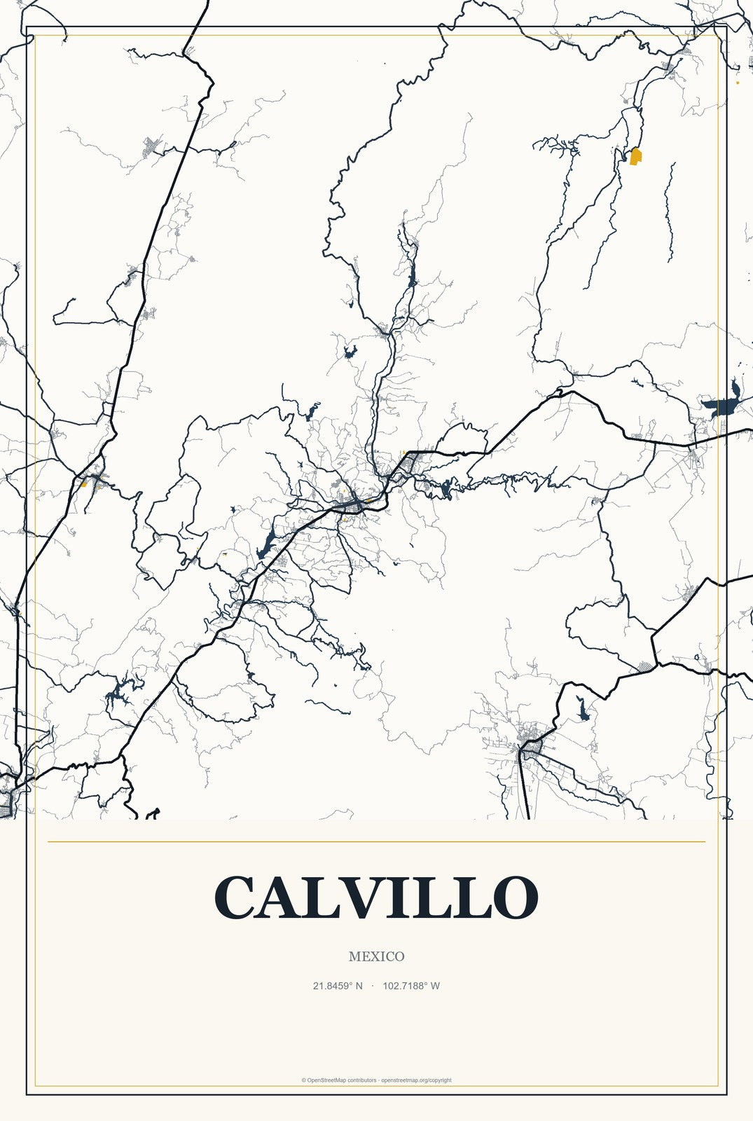 Calvillo, Mexico City Map Aluminum Sign in Citrine Modern style