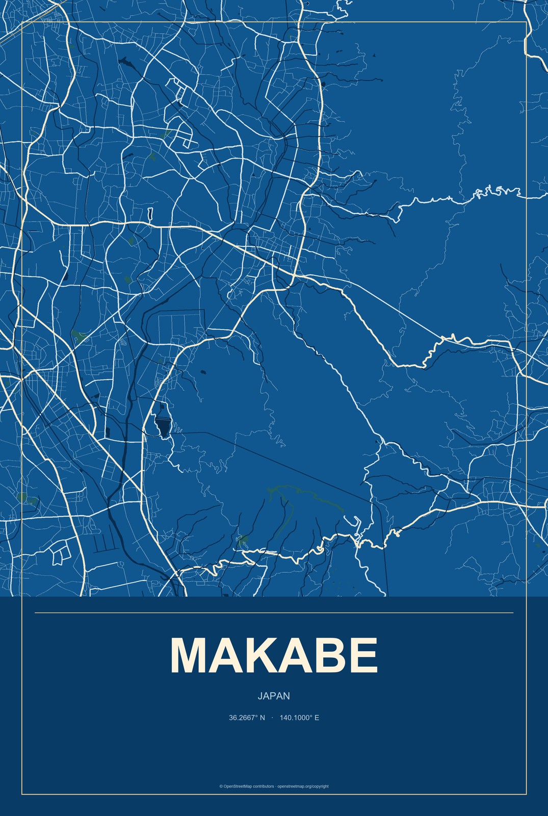 Makabe, Japan City Map Aluminum Sign in Harbor Cobalt style