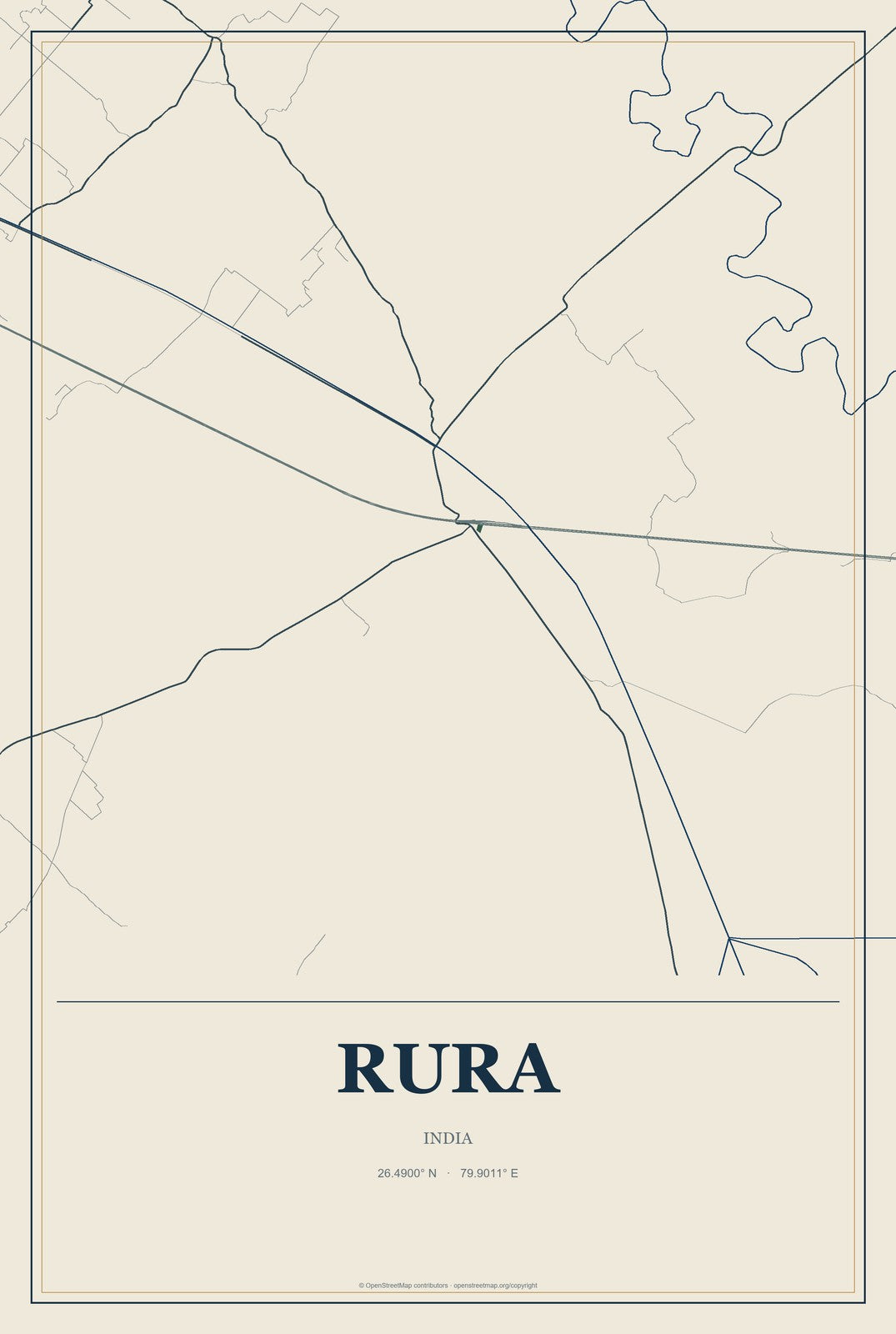 Rura, India City Map Aluminum Sign in Coastal Cutout style