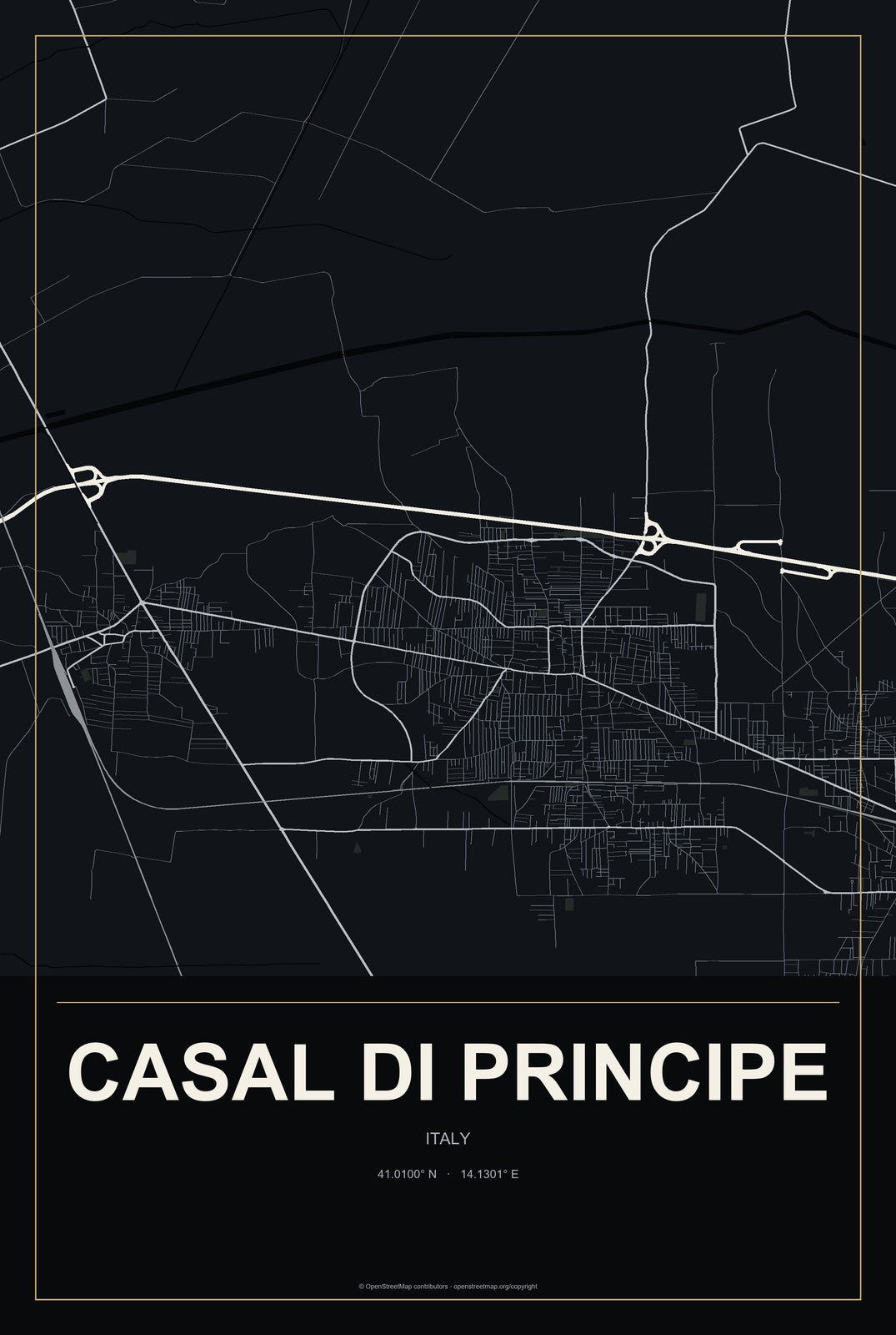 Casal di Principe, Italy City Map Aluminum Sign in Metropolitan Noir style