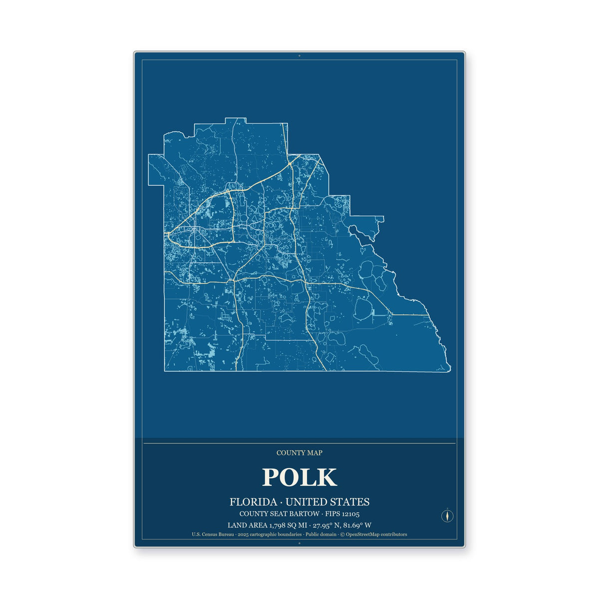 Polk County, Florida Map Aluminum Sign in Harbor Cobalt style