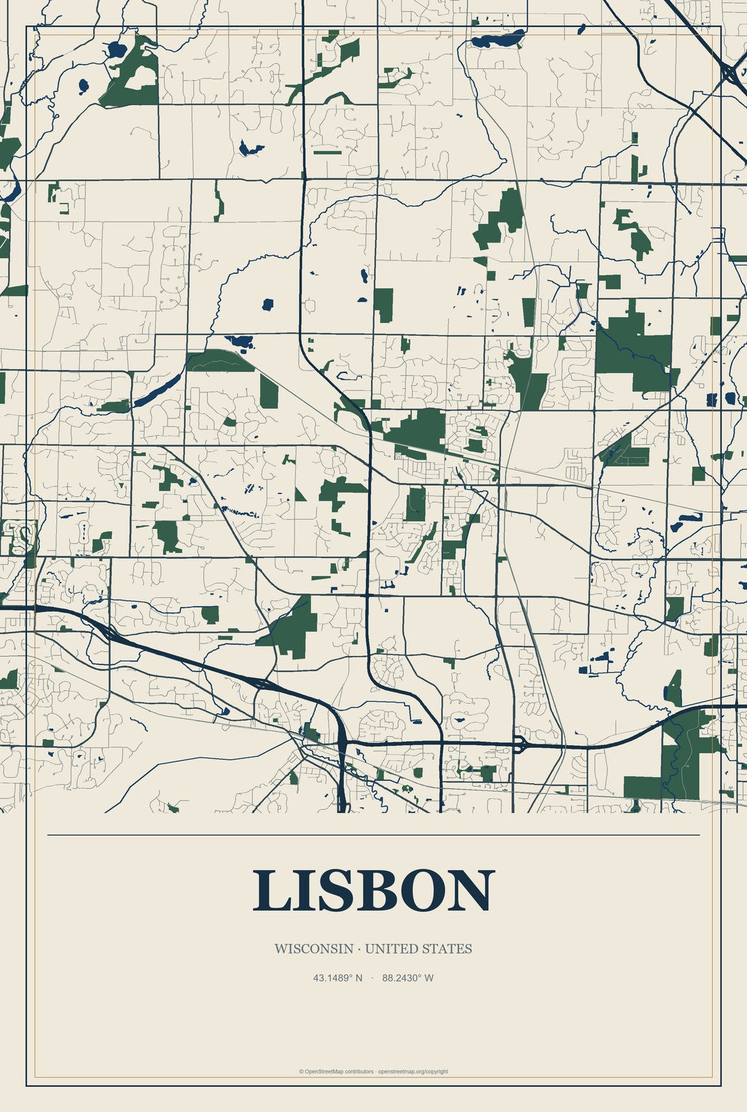 Lisbon, Wisconsin City Map Aluminum Sign in Coastal Cutout style