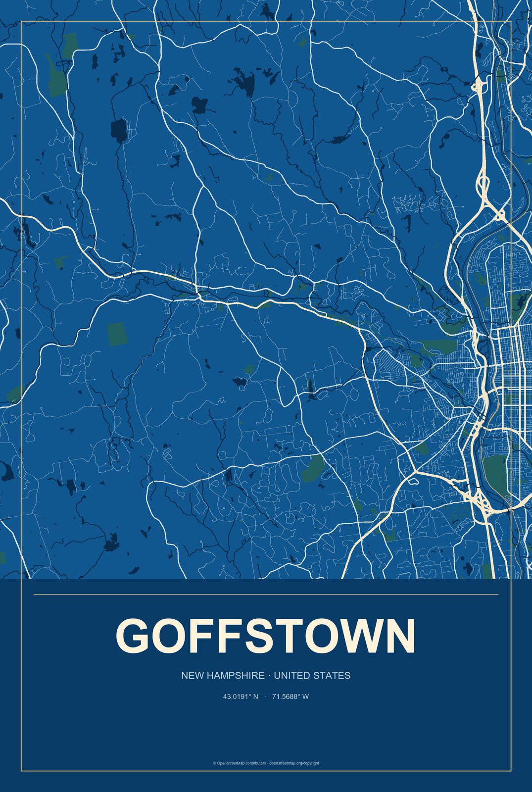 Goffstown, New Hampshire City Map Aluminum Sign in Harbor Cobalt style