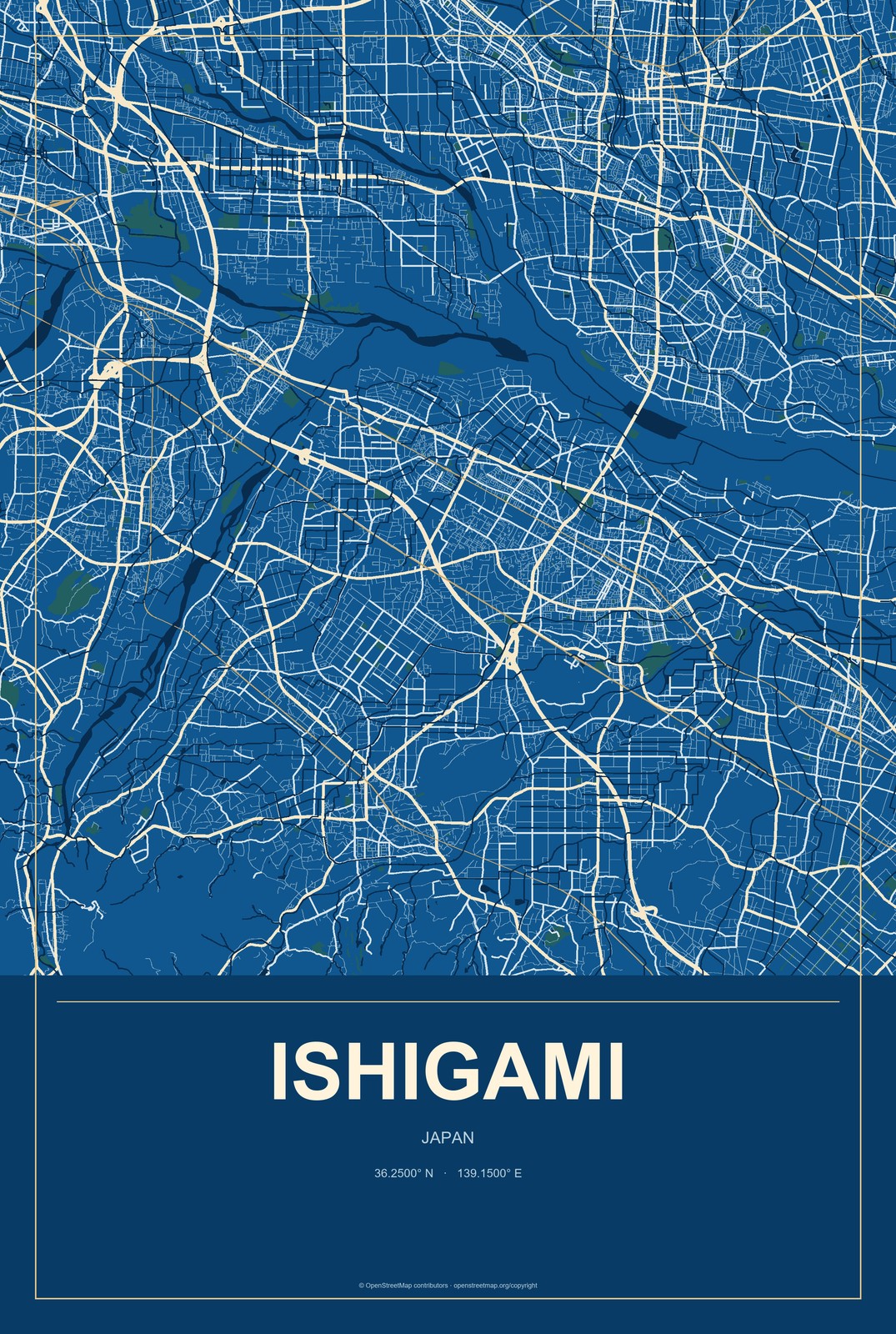 Ishigami, Japan City Map Aluminum Sign in Harbor Cobalt style