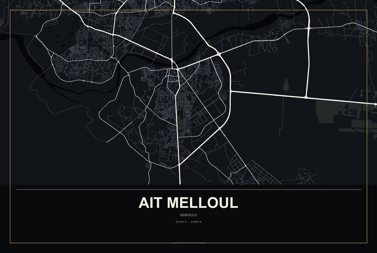 Ait Melloul, Morocco City Map Aluminum Sign in Metropolitan Noir style
