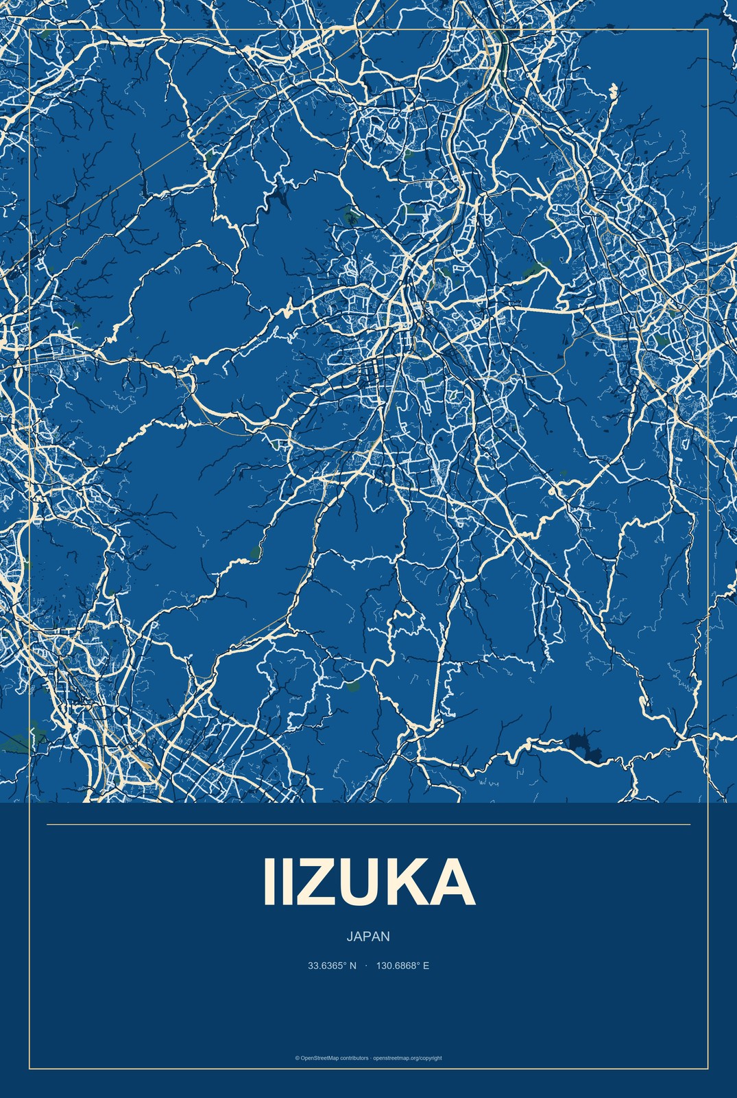 Iizuka, Japan City Map Aluminum Sign in Harbor Cobalt style