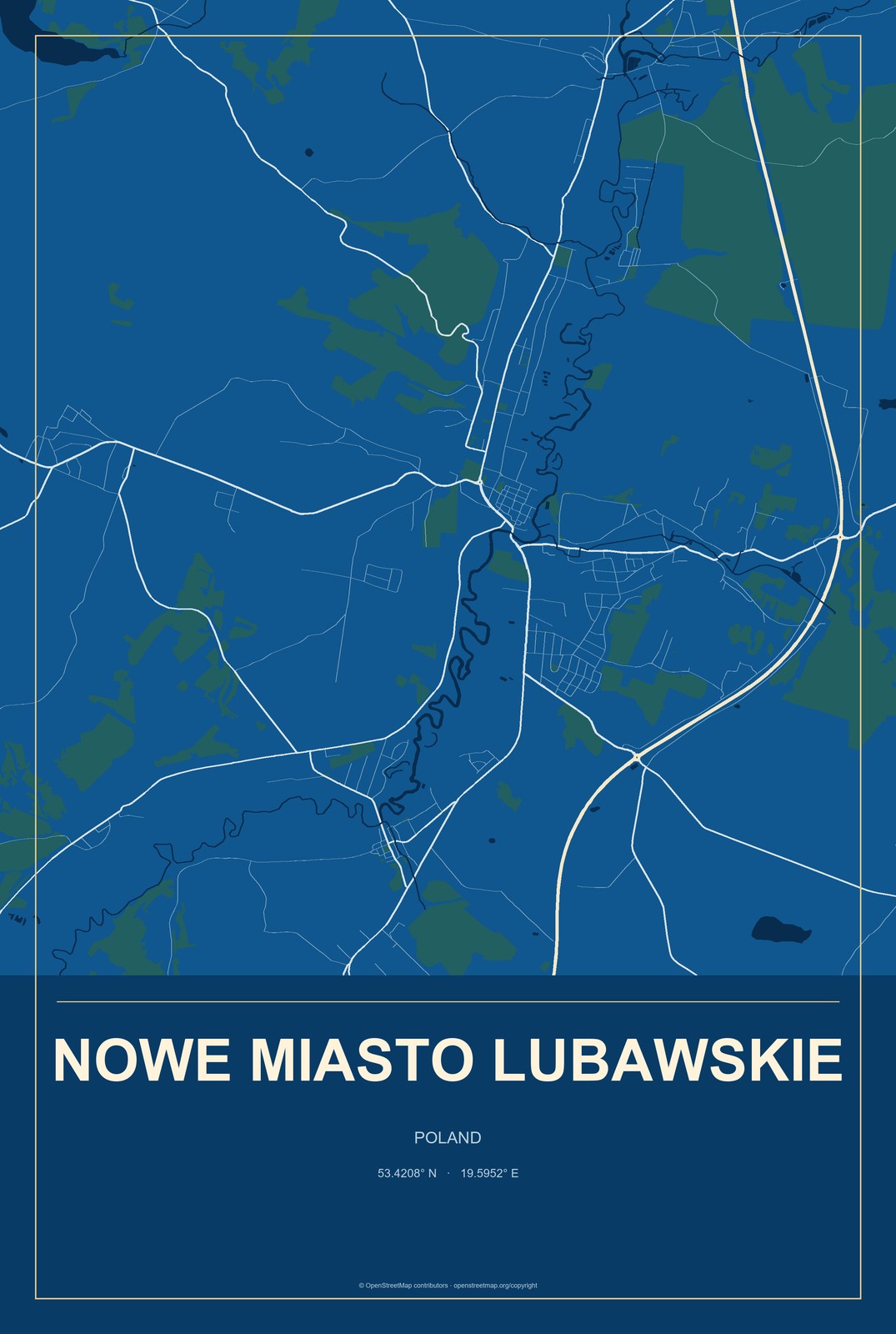 Nowe Miasto Lubawskie, Poland City Map Aluminum Sign in Harbor Cobalt style